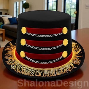 Puede incluir: Un sombrero de copa negro con detalles dorados, bandas rojas y flecos dorados. El sombrero presenta tres botones dorados y detalles de cadena plateada. El texto "ShalonaDesign" es visible en la parte inferior.
