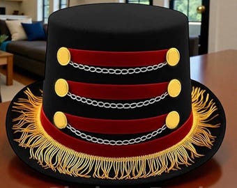 Cappello a cilindro da domatore – Costume da circo rosso e nero con frange dorate