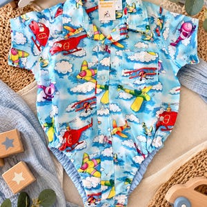 Dapper Dude, Baby Boy Aeroplane Romper, Handmade Collared Outfit, Colourful Planes and Helicopters, First Birthday Outfit, Size 1