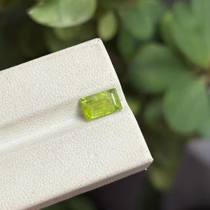 Può includere: Una gemma rettangolare verde chiaro, forse peridoto, è esposta su una superficie bianca. La gemma è posta su uno sfondo sfocato di fogliame verde. Il taglio della pietra è rettangolare e ha un aspetto luminoso e traslucido.