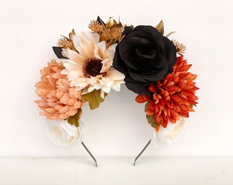 Autumn Sunflower Headpiece, Latin Floral Crown, Mexican Flower Headband, Day of the Dead, Black, Gold, Copper, Dia de Los Muertos, Frida