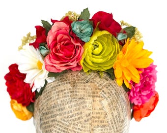 Corona de flores de verano, diadema floral colorida, tocado, disfraz de Frida Kahlo, corona floral de margaritas, fiesta, tocado de flores para festivales, bohemio