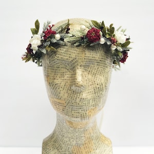 Winter Woodland Bridal Flower Crown, Rustic floral Headpiece, Red Rose, Christmas Wedding, Bridal, Burgundy, Ivory, Boho