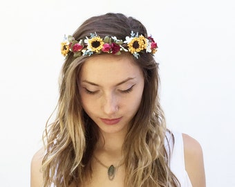 Couronne de tournesol, casque de tournesol, couronne de fleur nuptiale, casque nuptial, circlet, mariage rustique, couronne florale, couronne de cheveux, mariée de Boho