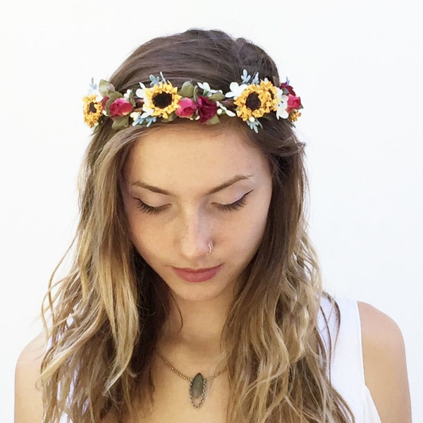 Sunflower Crown, Sunflower Headpiece, Bridal Flower Crown, Bridal Headpiece, Circlet, Rustic Wedding, Floral Crown, Hair Wreath, Boho Bride