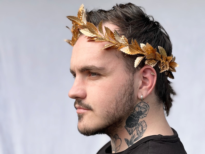 Gold Leaf Crown, Greek Wedding, Groom, Gold Leaf Laurel, Graduation Gift for Him, Prom Hair, Roman, Toga Costume, LARP, Cosplay, Pride image 7