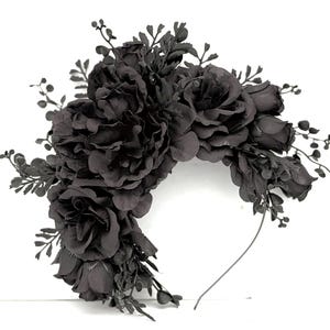 Black Side Flower Headpiece, Black Flower Fascinator, Black Rose Crown, Floral Crown, Gothic, Day of the Dead, Dia de Los Muertos, Witch