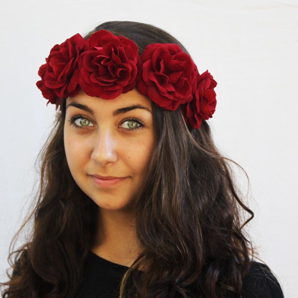 Grenat Couronne Rose rouge - Couronne de fleur, jour de la mort bandeau, Costume, Couronne florale de Rose, Frida Kahlo, Oxblood, Rosier bandeau, Rose rouge