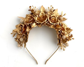 Corona de rosas doradas, diadema para San Valentín, tocado de novia, tocado floral y de hojas doradas, fiesta de invierno, bodas, cumpleaños, estilo bohemio.