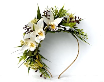 Tocado de flores de orquídea marfil, corona de flores de orquídea, diadema tropical, tocado, corona floral de novia, boda tropical, banda lateral de flores.