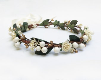 Winter Ivory Berry Floral Crown, Winter Wedding Crown, Flower Girl, Gold and Ivory Flower Crown, Ivory, Berry Crown, Bridal Headpiece