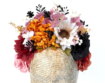 Corona de flores de Frida Kahlo, diadema floral, tocado mexicano, diadema de girasol, Día de Muertos, bohemio