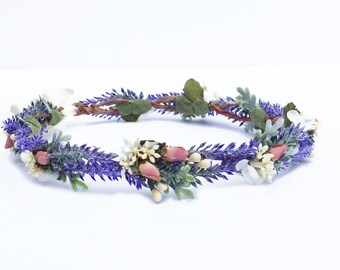 Lavender & Rose Flower Crown, Lavender Bridal Headpiece, Lavender Wedding Crown, Flower Girl Flower Crown, Floral Headpiece, Blush Pink, Fae