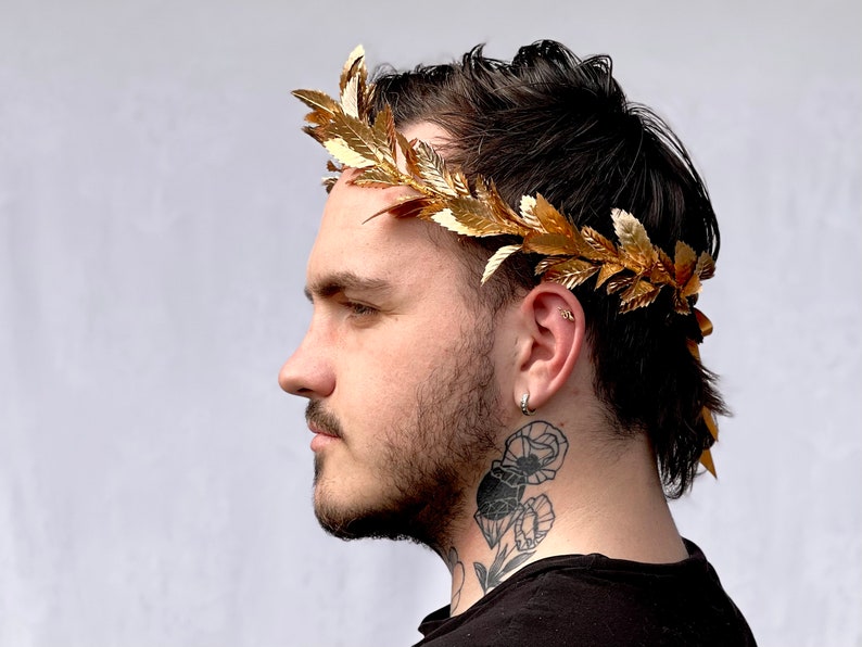 Mens Gold Leaf Crown, Roman Leaf Laurel, Gold Leaf Garland, Greek God, Hair Wreath, Headpiece, Marcus Aurelius, Toga Costume, Groom, Pride image 7