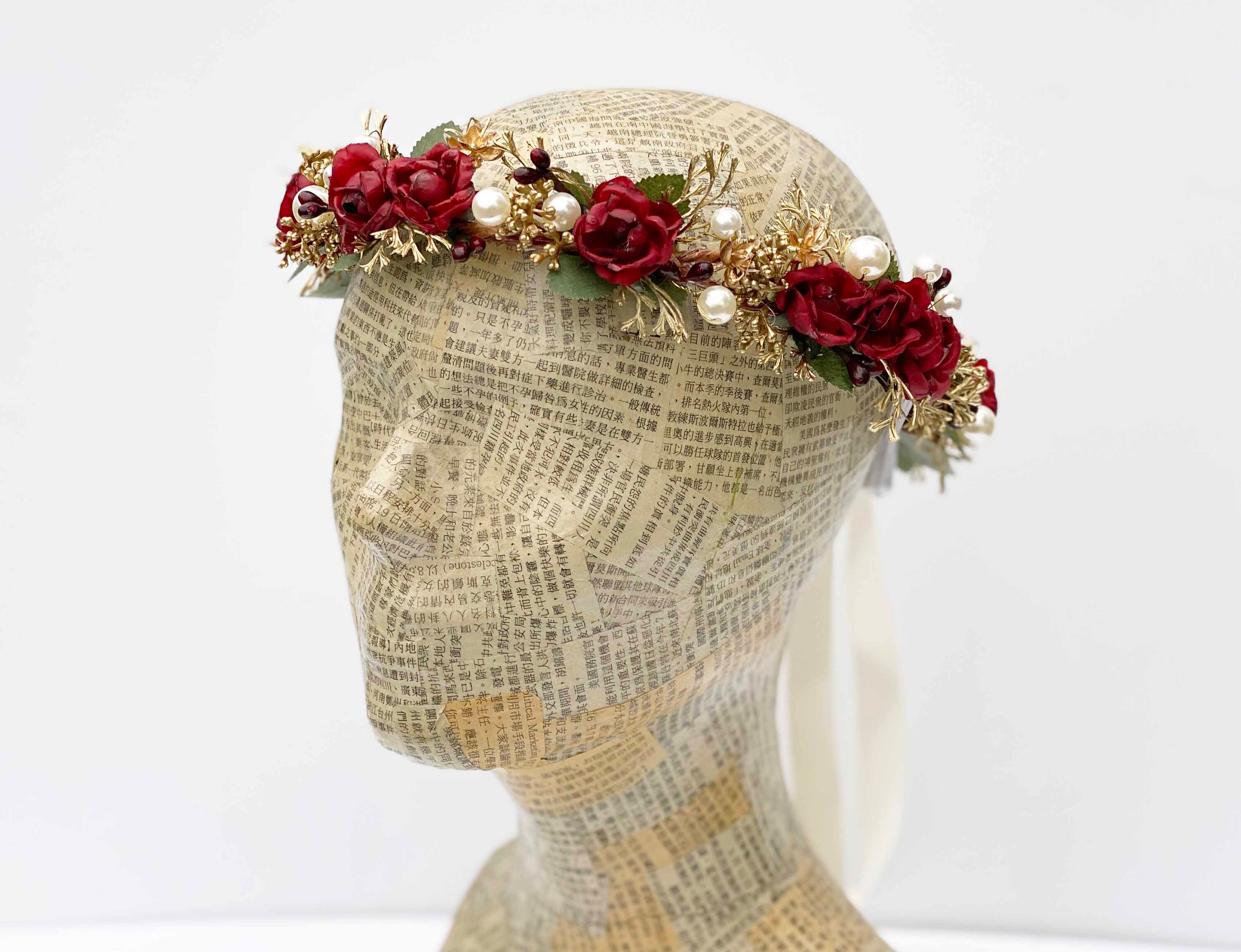 Gold Metal Chain Leaf Red Flower Headband Tiara for Bridal Wedding Jewelry 