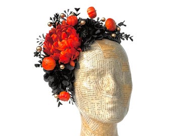 Black and Orange Halloween Fascinator, Costume, Halloween Headband, Flower Crown, Pumpkin Headband, Mum Floral Headpiece, Party, Black Crown