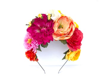 Colorful Day of the Dead Headpiece, Frida Kahlo, Flower Crown, Mexican Wedding, Fiesta, Halloween Costume, Dia de Los Muertos, Coral Pink