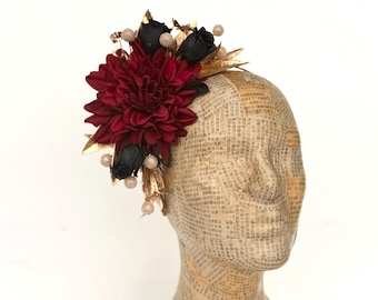 Diadema de flores burdeos, tocado floral rojo oscuro, negro y dorado, corona de flores, fiesta de invierno, crisantemo, tocado de rosas, gótico, bohemio