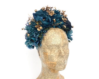 Teal Blue Gold Flower Headpiece, Flower Crown, Maternity shoot, Floral Headband, Blue Gold Floral Crown, Blue Fascinator, Frida Kahlo Crown