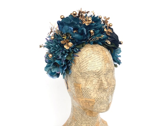 Patina Blue and Gold Flower Headpiece, Flower Crown 