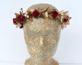 Gold Leaf Pearl, Red Rose Flower Headpiece, Prom, Crown, Graduation, Headband, Winter Wedding, Greek Goddess, Festival Style, Boho