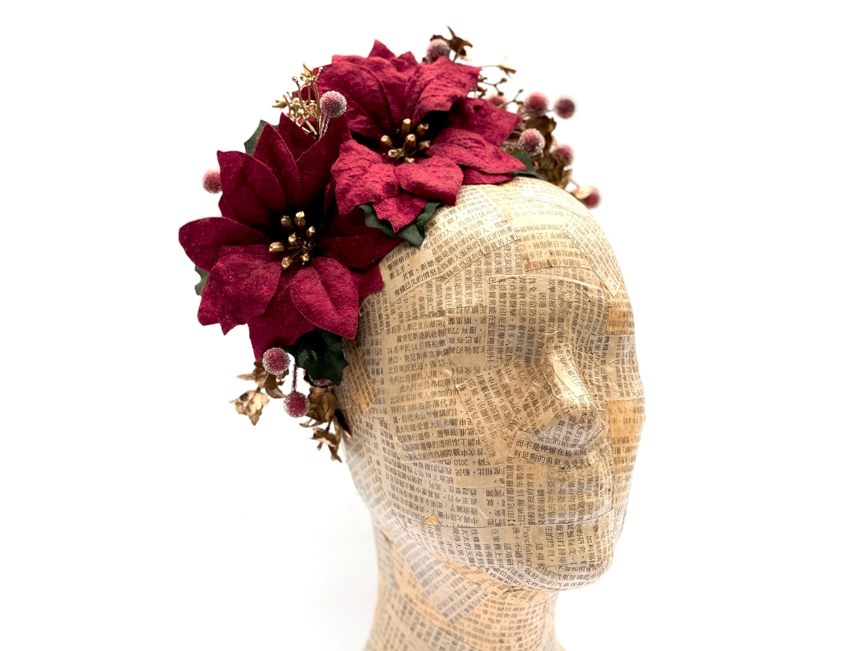 Red Poinsettia Headband, Burgundy, Christmas Fascinator, Flower Headpiece, Holiday Head Band, Wedding, Flower Crown, Dark Red, Formal.