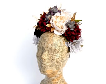 Frida Kahlo Floral Headpiece, Day of the Dead Floral Crown, Mexican Wedding Headband, Costume, Goth, Black Flower Crown, Red, Gold, Fiesta