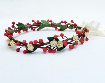 Woodland Red Berry Flower Girl Headpiece, Christmas Flower Crown, Holly Berry Crown, Red & White, Winter Wedding, Rustic, Flower Crown, Folk