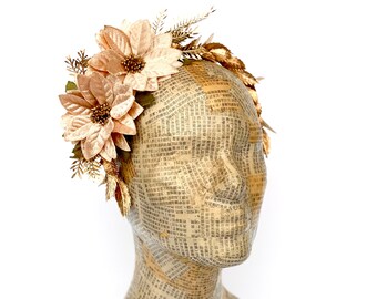 Diadema navideña, beige, adorno para el cabello con flor de Nochebuena dorada, tocado de terciopelo con flor de Nochebuena, blanco invierno, boda navideña, Nochevieja