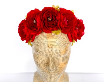 Red Ranunculus Flower Crown, Red  Gold Floral Headpiece, Hair accessory, Red Headpiece, Frida Kahlo, True Red,