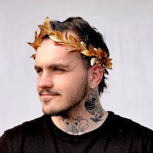 Mens Gold Leaf Crown, Roman Leaf Laurel, Gold Leaf Garland, Greek God, Hair Wreath, Headpiece, Marcus Aurelius, Toga Costume, Groom, Pride image 2