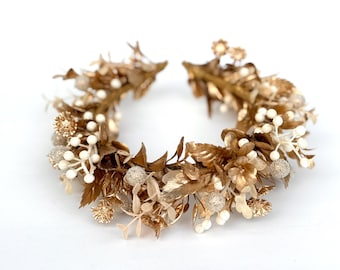 Corona de flores de marfil y pan de oro, diadema de pan de oro, laurel, boda griega, tocado de novia, boda de invierno, fiesta de invierno, bohemio