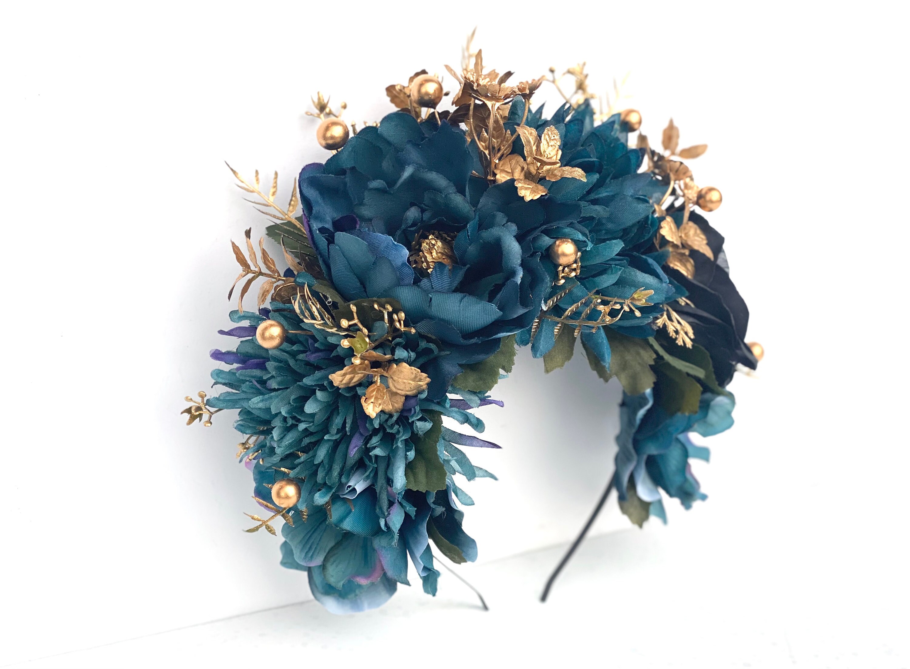 Patina Blue and Gold Flower Headpiece, Flower Crown  display picture 2