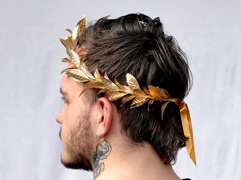 Mens Gold Leaf Crown, Roman Leaf Laurel, Gold Leaf Garland, Greek God, Hair Wreath, Headpiece, Marcus Aurelius, Toga Costume, Groom, Pride image 6