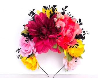 Day of Dead, Frida Kahlo Costume, Dia de Los Meurtos, Mexican Flower  Headband, Floral Headpiece, Fiesta, Flower Crown, Pink, Yellow, Black
