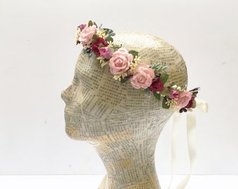 Pink Flower Girl Crown, Pink and Red Flower Crown, Flower Girl Circlet, Floral Headpiece, Bridal Flower Crown, Winter Wedding, Blush Pink