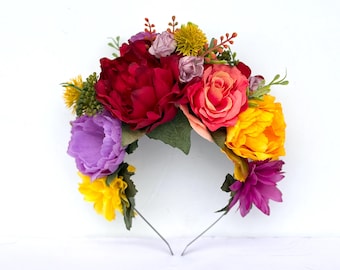 Diadema de flores de colores, corona de flores de Frida Kahlo, disfraz del Día de Muertos, tocado floral, boda mexicana, fiesta