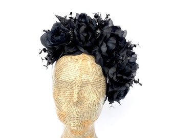 Black Flower Fascinator, Black Rose Peony Floral Headband, Black Flower Crown, Goth, Day of The Dead, Frida Kahlo, Black Headpiece, Formal