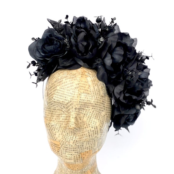 Black Flower Fascinator, Black Rose Peony Floral Headband, Black Flower Crown, Goth, Day of The Dead, Frida Kahlo, Black Headpiece, Formal