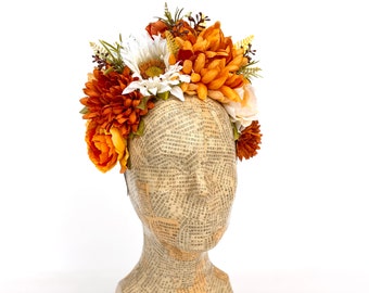 Autumn White Sunflower Headpiece, Bridal Flower Crown, Frida Kahlo, Costume, Floral Headband, Day of the Dead, Dia de los Muertos, Boho