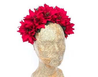 Red Poinsettia Flower Fascinator, Christmas Flower Fascinator, Headband, Holiday Flower Crown, Party Hair Accessory, Bohemian  Headpiece