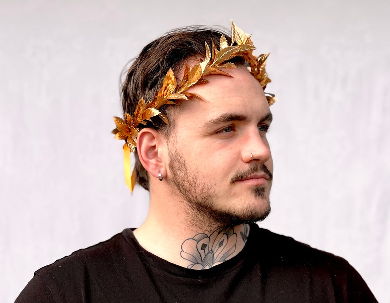 Mens Gold Leaf Crown, Roman Leaf Laurel, Gold Leaf Garland, Greek God, Hair Wreath, Headpiece, Marcus Aurelius, Toga Costume, Groom, Pride image 9