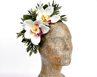 Ivory Orchid Headpiece, Side Flower Headband, Tropical Floral Fascinator, Wedding, Bridal, Crown.