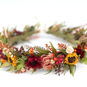 Sunflower Bridal Flower Crown, Wedding Floral Headpiece, Woodland Floral Crown, Hair Wreath, Cottage Core, Laurel, Bohemian Bride, Rustic