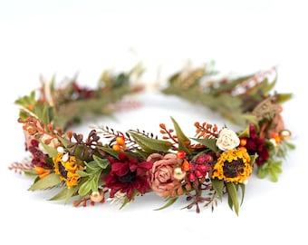 Sunflower Bridal Flower Crown, Wedding Floral Headpiece, Woodland Floral Crown, Hair Wreath, Cottage Core, Laurel, Bohemian Bride, Rustic