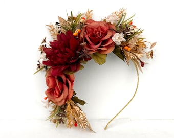 Diadema floral otoñal, dorada, diadema floral rojiza, corona de flores nupcial toscana, diadema con flores laterales, tocado floral, rojo óxido, bohemio