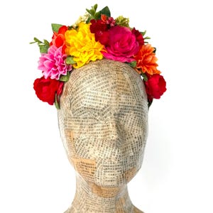 Frida Flower Crown, Pink, Red Floral Headband, Colorful Flower Headpiece, Fiesta, Mexican Wedding, Bridal, Prom Hair, Flower Fascinator