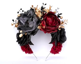 Diadema navideña floral, negra, dorada, rojo burdeos, Frida Kahlo, corona de flores, gótica, navideña victoriana