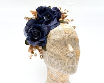 Diadema de rosas de terciopelo azul, tocado floral para San Valentín, tocado floral para boda de invierno, formal, dorado, corona de flores, corona para el cabello, formal