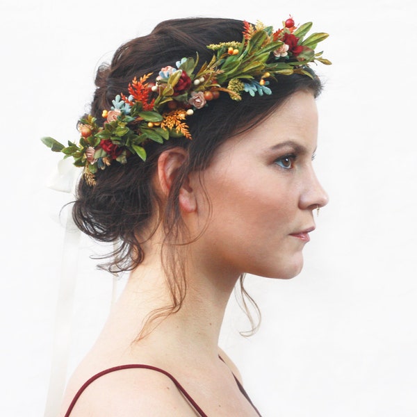 Rustic Tuscan Flower Crown, Autumn Flower Headpiece, Woodland Floral Crown, Floral Hair Wreath, Bridal Flower Crown, Laurel, Bohemian Bride
